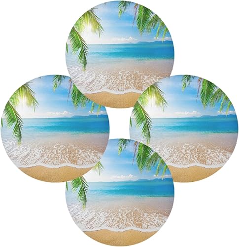 Juego de 4 manteles individuales redondos para mesa de comedor, palmeras tropicales, océano, mar, playa, resistentes al calor, para cocina, fiesta,