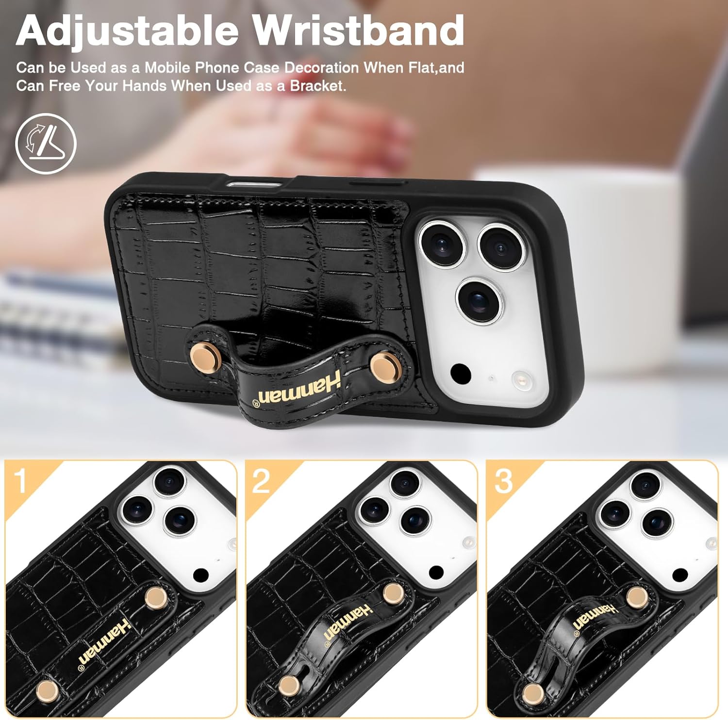 Hanman for iPhone 17 Pro Leather Case with Adjustable Wristband Strap Kickstand,Hand Strap Leather Case for iPhone 17 Pro,Crocodile Pattern HandStrap Kickstand Cover-Black