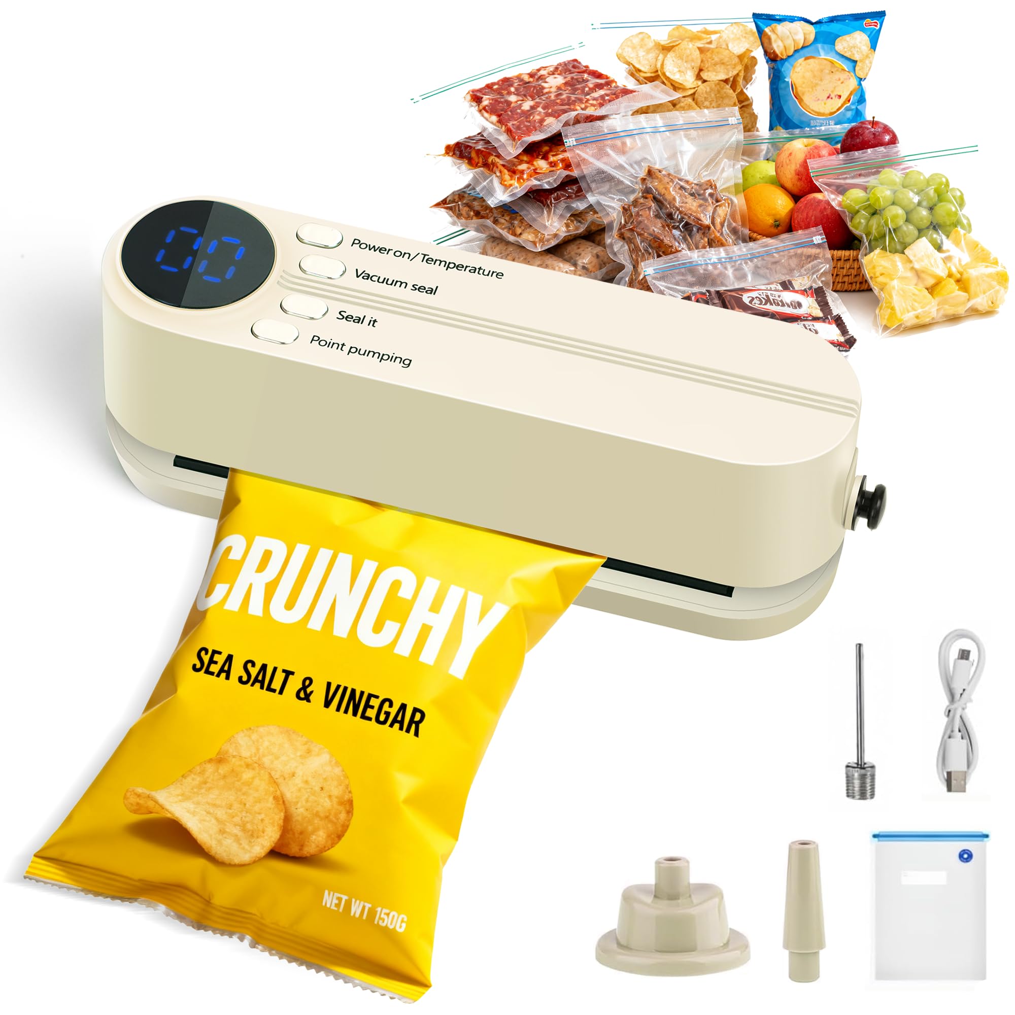 Food Storage Vacuum Sealer Machine, Portable Mini 3-in-1 Rechargeable Food Saver Vacuum Sealer, Mini Cordless Vacuum Sealer with 4 Snack Bags, 1