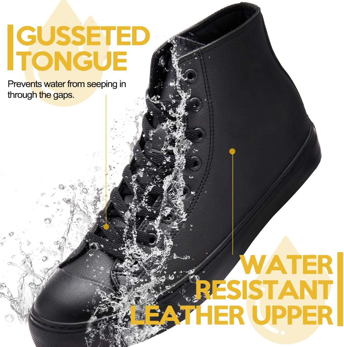 Non-Slip Work Shoes for Men, Leather Slip-Resistant (Oil & Water) Sneakers for Food Service, Black High Top Restaurant Server Boots, Comfortable Casual Anti-Slip Chef Kitchen Shoes