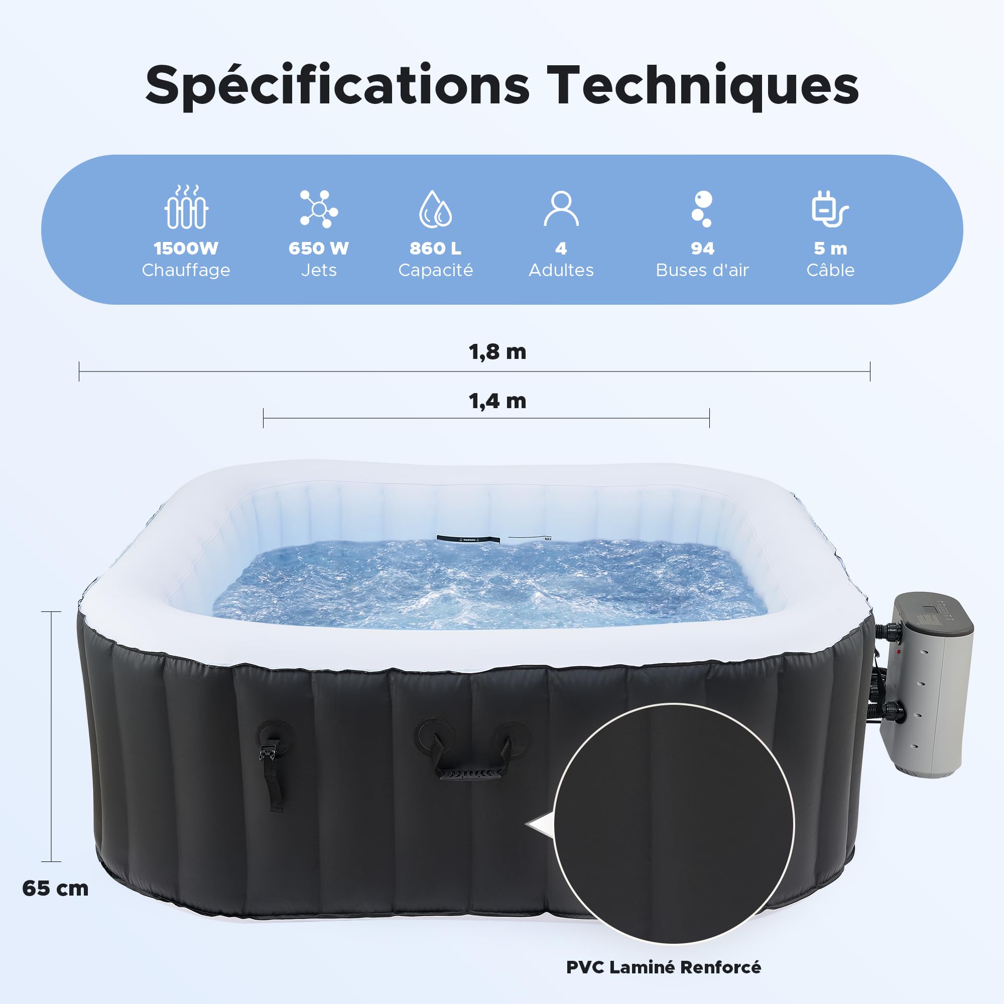 CO-Z Spa Gonflable 4-6 Personnes Carré 1,8m, Bain à Remous Gonflable Extérieur avec 94 Jets de Massage, Chauffage Rapide, Pompe & Couverture, Périphérie de Jardin Terrasse - Noir