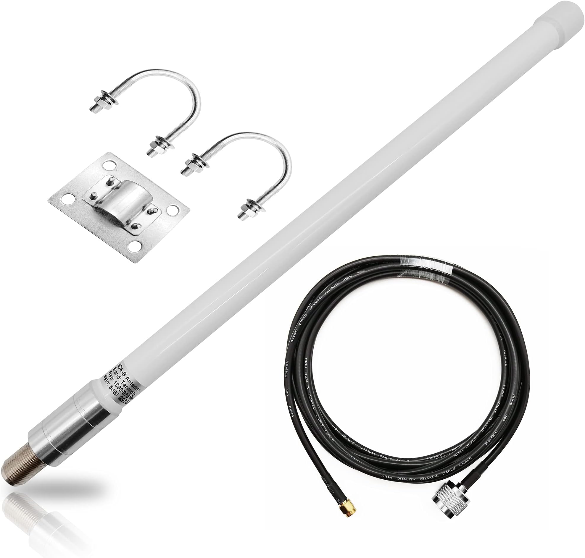 1090MHz 978MHz Dual Band ADS-B Antenna N-Type Female Outdoor 5dBi Fiberglass Antennas + 10ft N-Male to SMA-Male Extension Cable