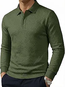 Camisa polo masculina casual, manga comprida, texturizada, com botões, gola e férias, negócios, outono