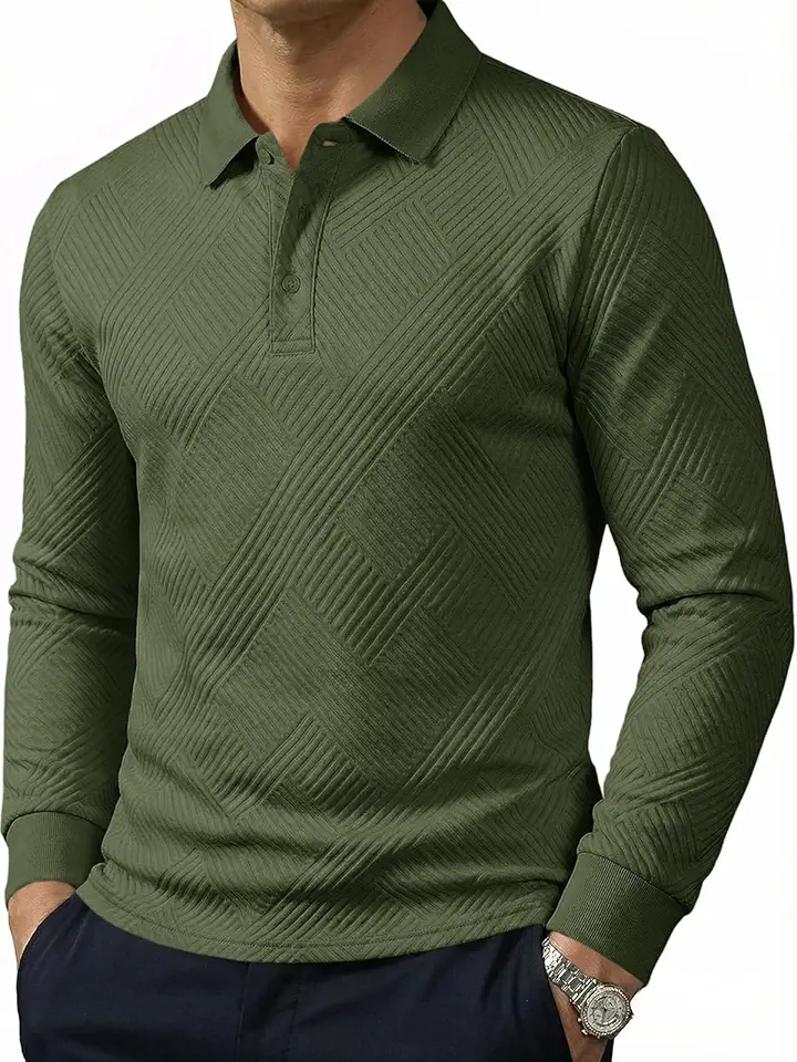 Camisa polo masculina casual, manga comprida, texturizada, com botões, gola e férias, negócios, outono