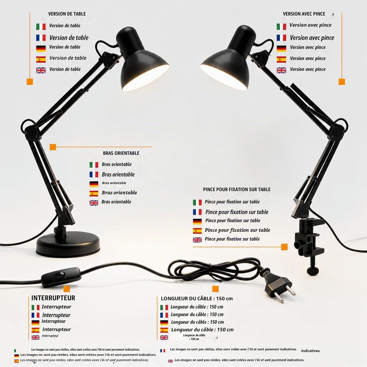 Velamp tl1207-n Charleston XL Lampe de table