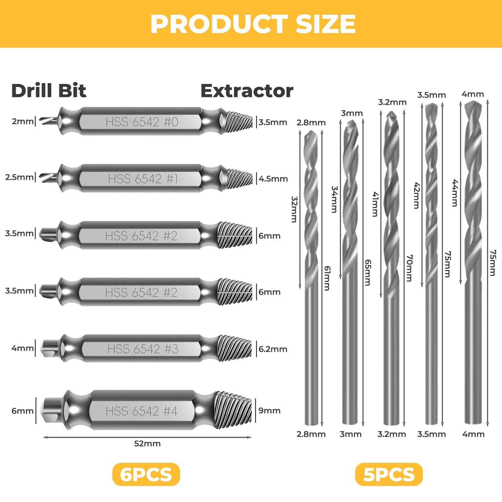 11PCS Screw Extractor & Bolt Extractor Set, HSS 6542 (63-65HRC) with 3 Twist Drill Bits, Double Ended Bits - Image 2