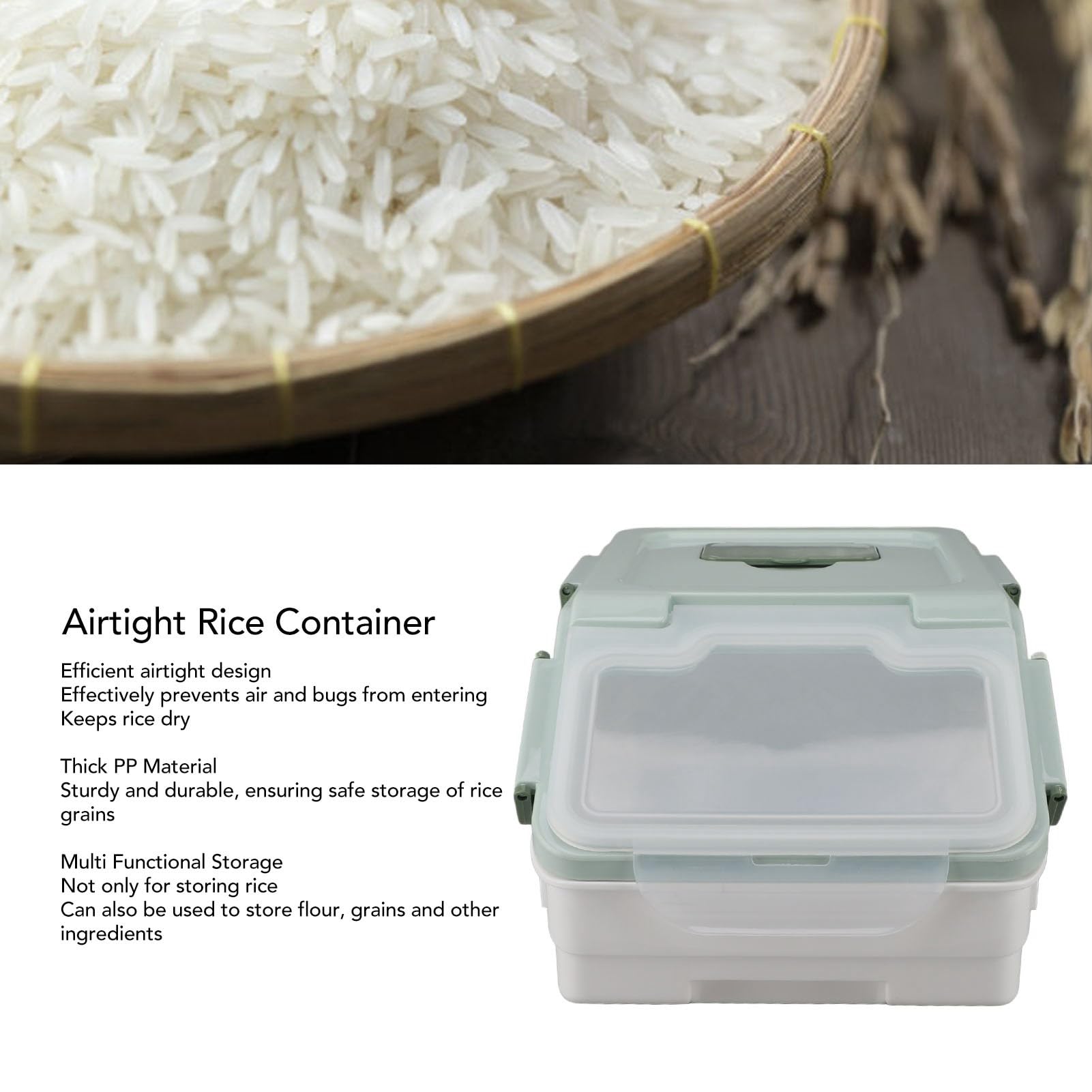 Asixxsix Récipient à Riz Hermétique, Bac en PP épaissi Studry pour Grains de Farine de Riz, Couvercle Facile à Ouvrir et à Fermer, Vert Menthe avec Tasse à Mesurer (5kg / 11lb)