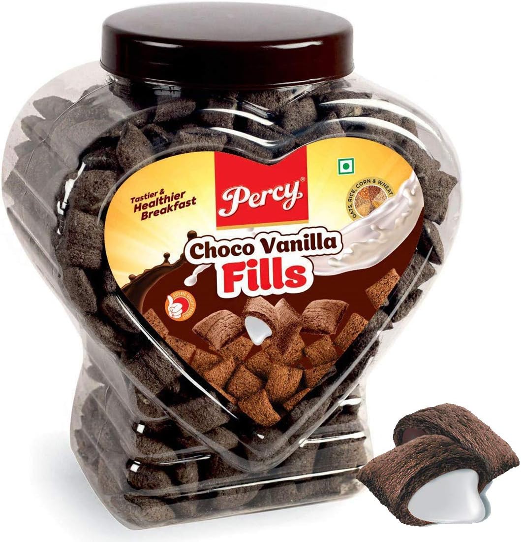Percy Breakfast Cereal, Choco Vanilla Fills, Multigrain, Jumbo Jar [Zero Cholesterol, Crunchy and Creamy Choco Fill] Jar, 520 g