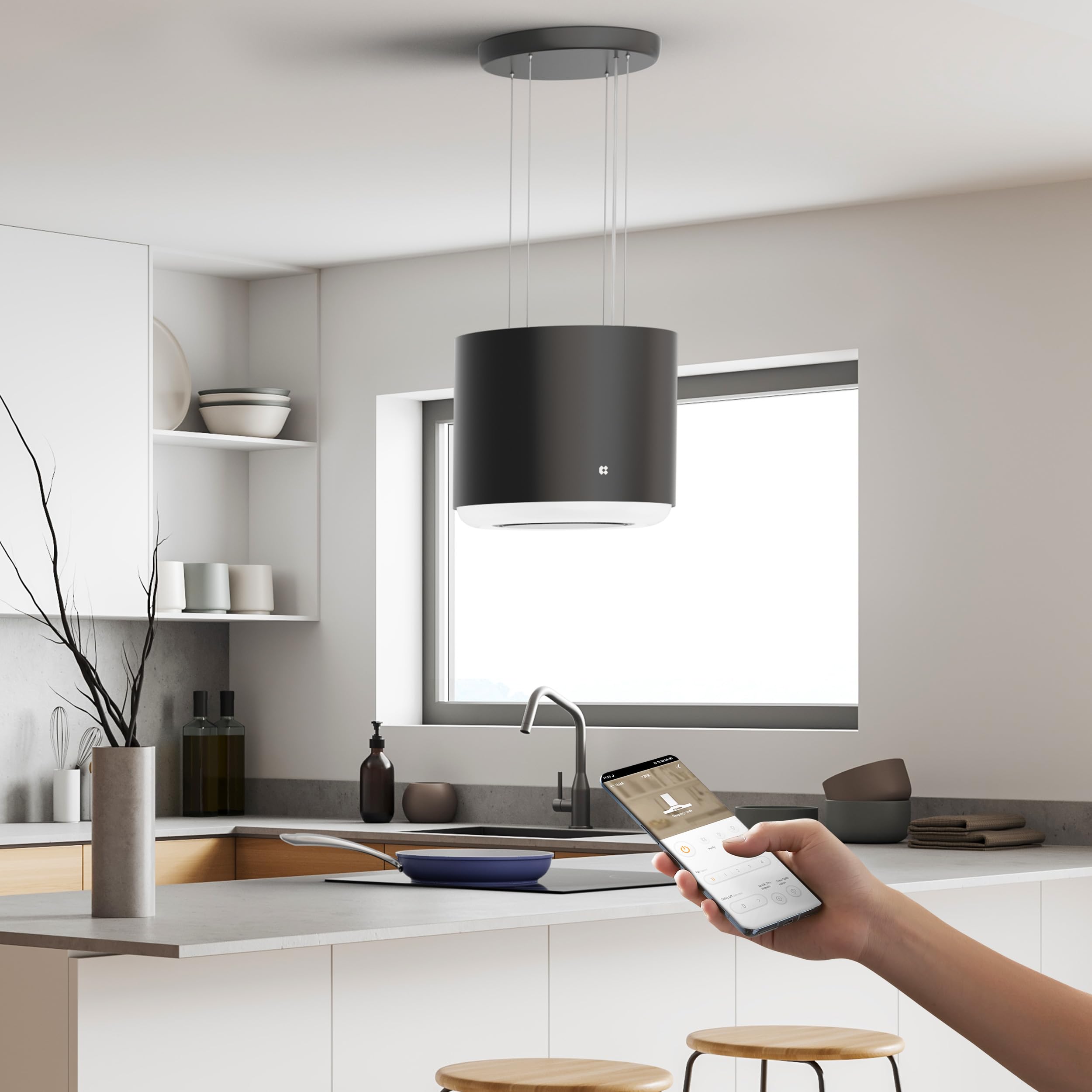 Ciarra CBCB4838 A+ Inselhaube Freihängend 550m³/h Smart Wi-Fi App 4 Stufen Booster Umluft Dunstabzugshaube Schwarz