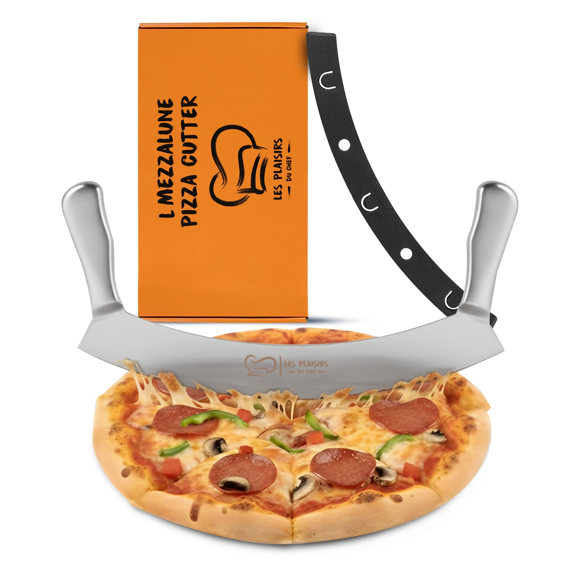 Extra scharfer Pizza Schneider/Pizzaschneider aus Edelstahl | Großes Wiegemesser 30,5 cm mit Doppelgriff | Pizzamesser & Pizza Cutter – Praktisches Pizza Zubehör