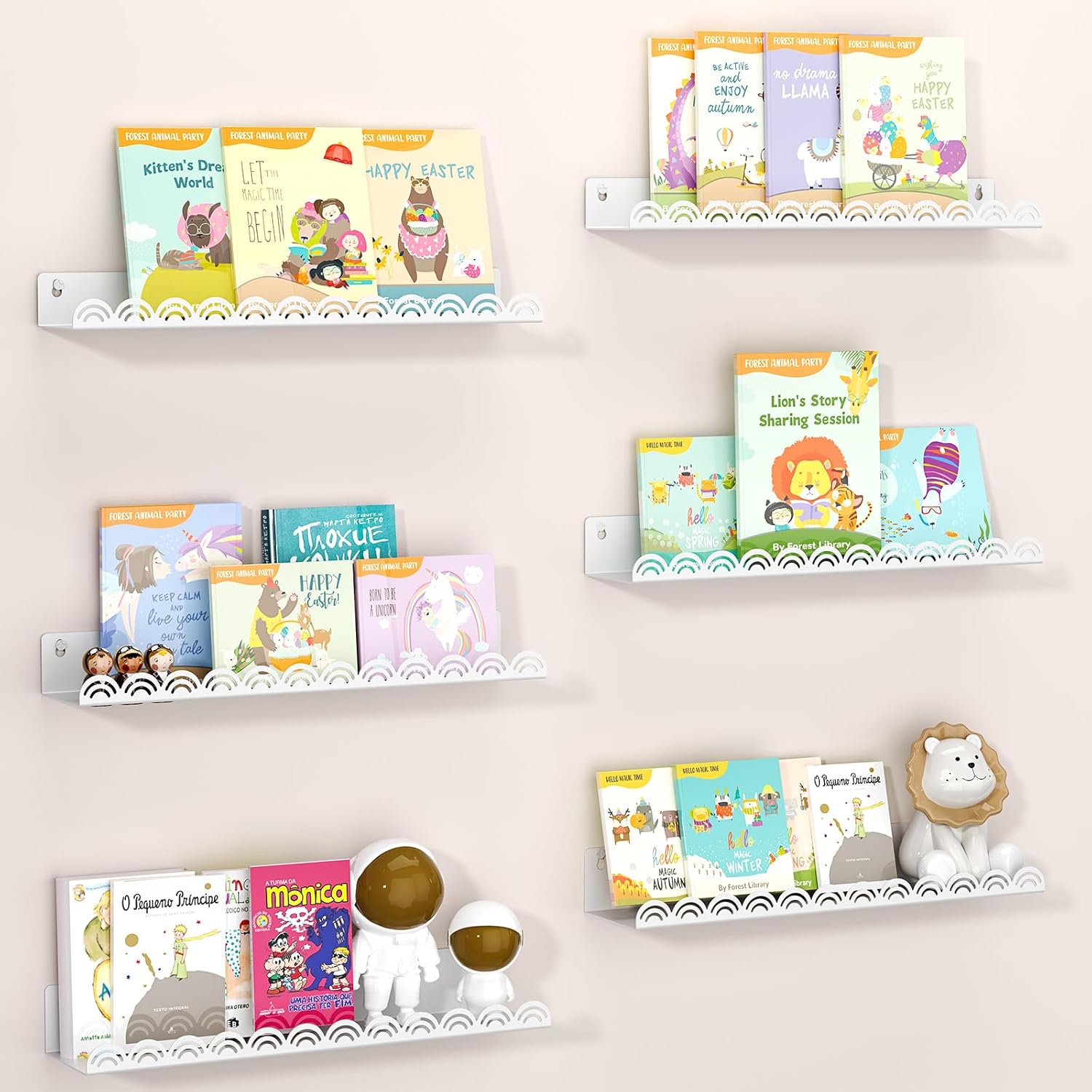 Nursery Book Shelves, Metal Floating Shelves for Wall 6 Pack, White Scalloped Shelf, Wall Mounted Book Shelf for Kids Rooms, Baby Bookcase, Nursery Decor.