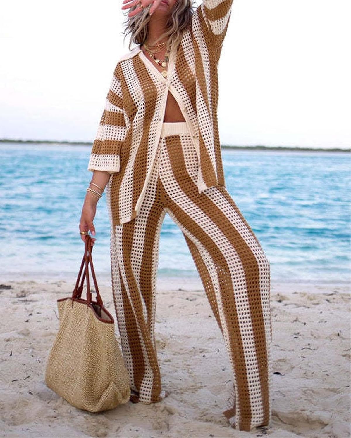 loveimgs Womens Summer 2 Piece Crochet Knit Outfit Striped Short Sleeve Button Shirt Hollow Out Wide Leg Pants Set