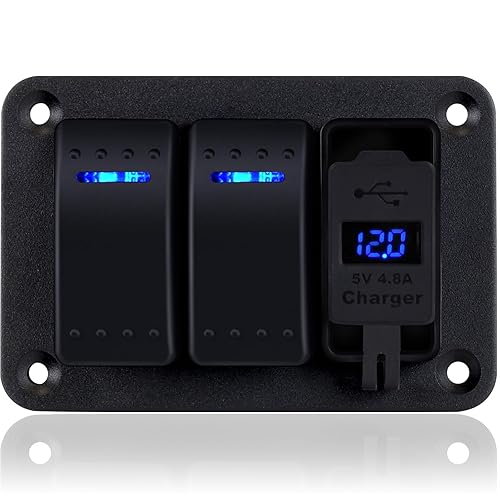 Panel de interruptor basculante de 2 bandas con cargador USB dual de 4.8 amperios, voltímetro impermeable, 12 V, 24 V CC, interruptor basculante con