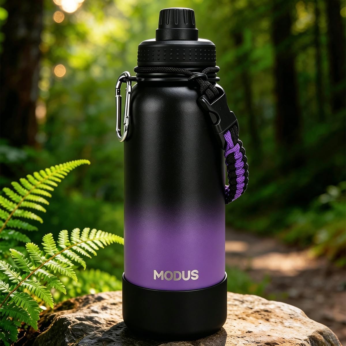950ml Garrafa Térmica de Aço Inoxidável com Alça de Transporte e Base Antiderrapante de Silicone – Mantém a Água Gelada por até 24 Horas (Preto Roxo)