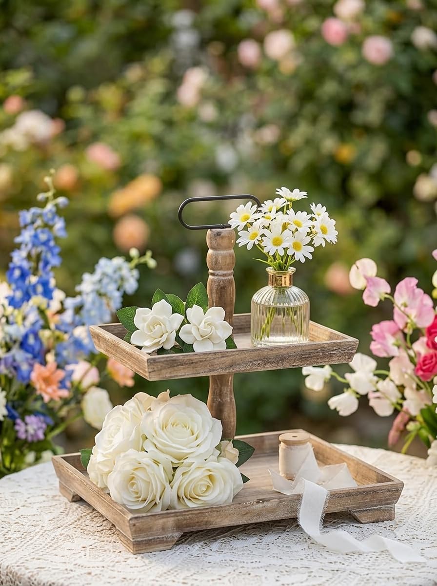 Hanobe Deko Tablett Etagere Holz: Braun Holztablett Groß Rechteckig mit 2 Ebenen Bauernhaus Dekotablett Vintage Shabby serviertabletts für Home Kaffeeecke Duschraum