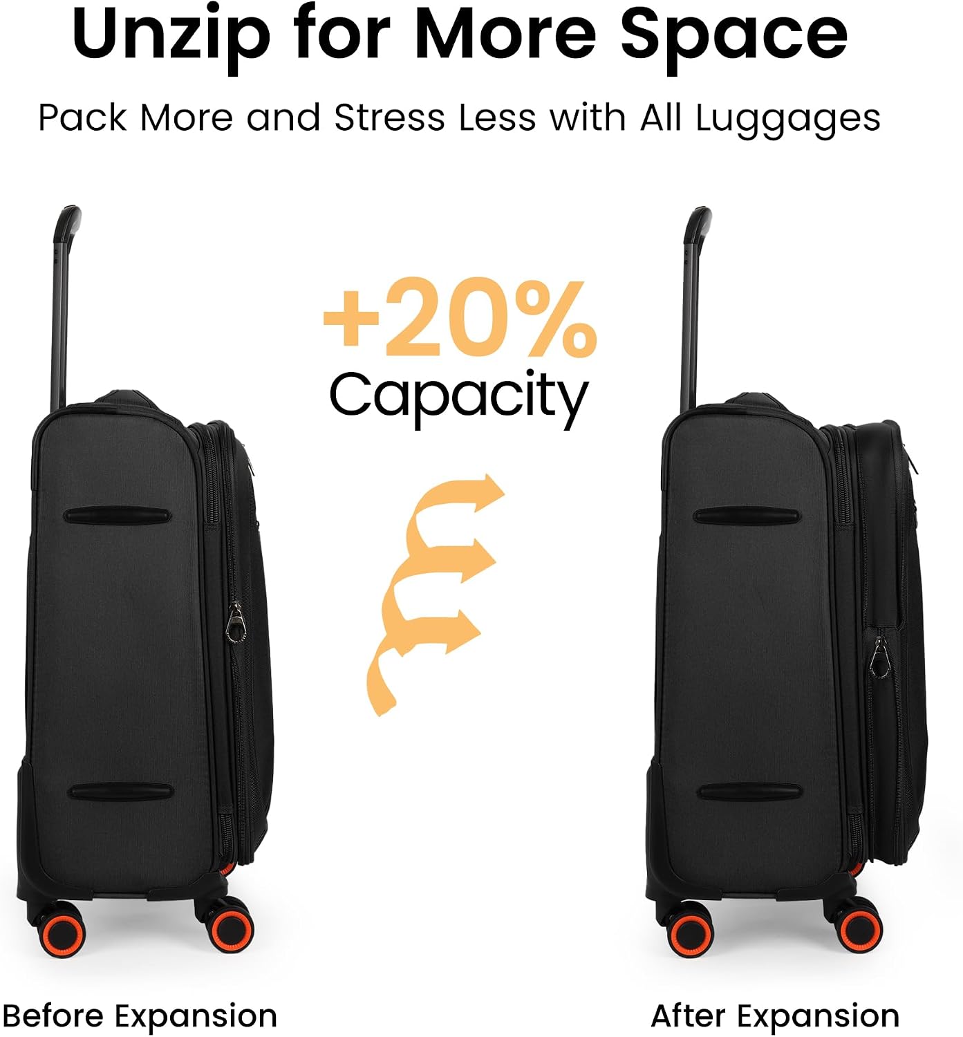 22 inch Carry on Luggage,Softside Suitcase w/TSA LOCK,Expandable 20% Luggage w/Spinner Wheels, Tear-Resistant,Lightweight Rolling Suitcases for Men/Women（Black,22in）