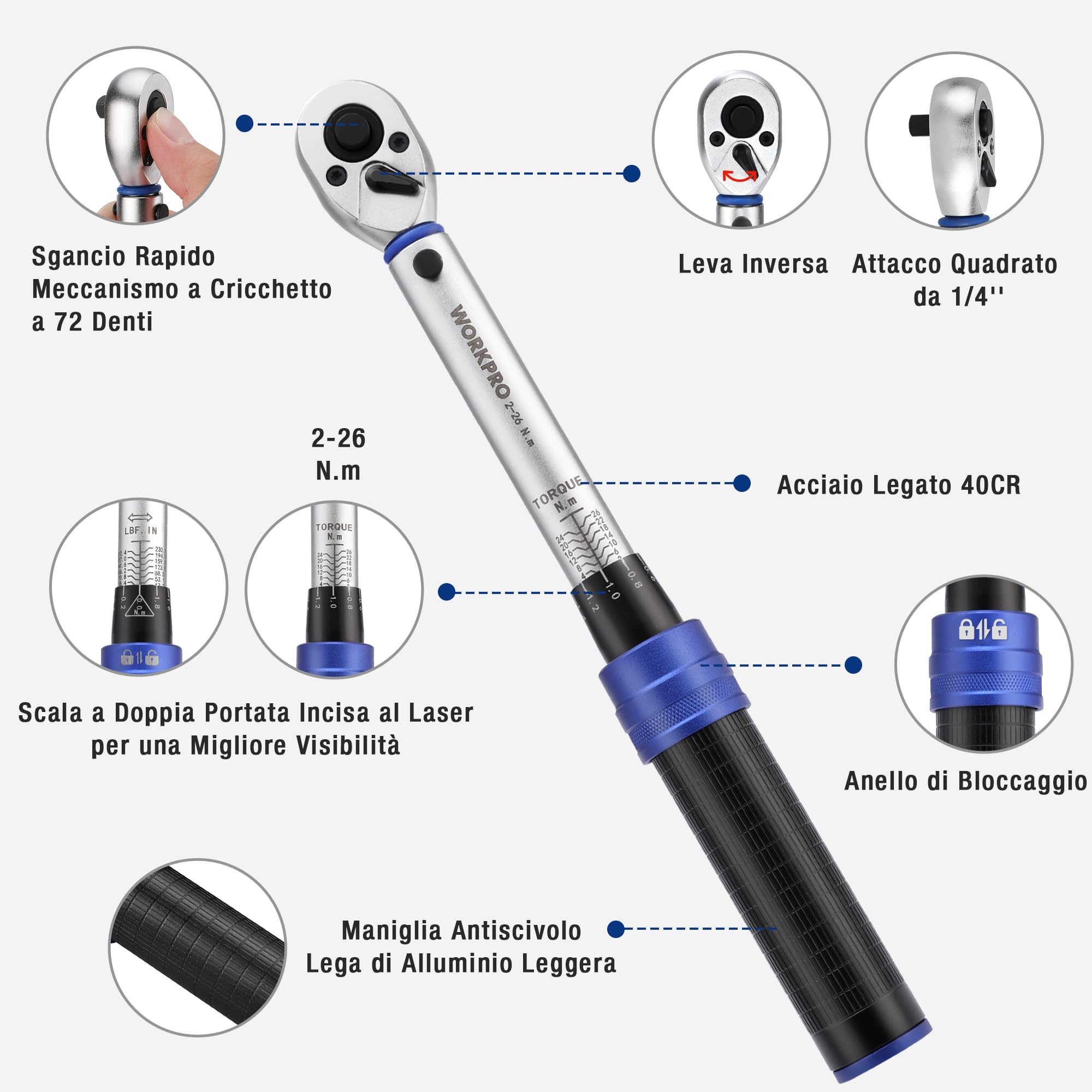 WORKPRO Chiave Dinamometrica da 1/4", Alta Precisione ±3%, 2-26 N·m, Set di Coppia da 14 Pezzi, Chiave a Cricchetto da 72 Denti, con Barra di Prolunga, per Auto, Bicicletta e Moto