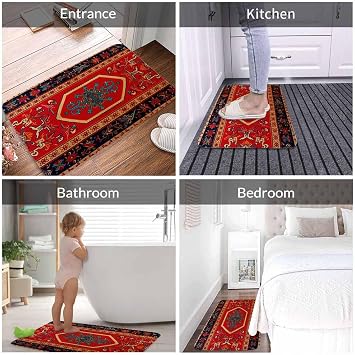 Red Antique Bath Mats for Bathroom Turkish Carpet Pattern Print Floor Bath Rugs Machine Washable Bathmat Carpet Rug Room Decor for Shower Floor 16 X 24 in Mat