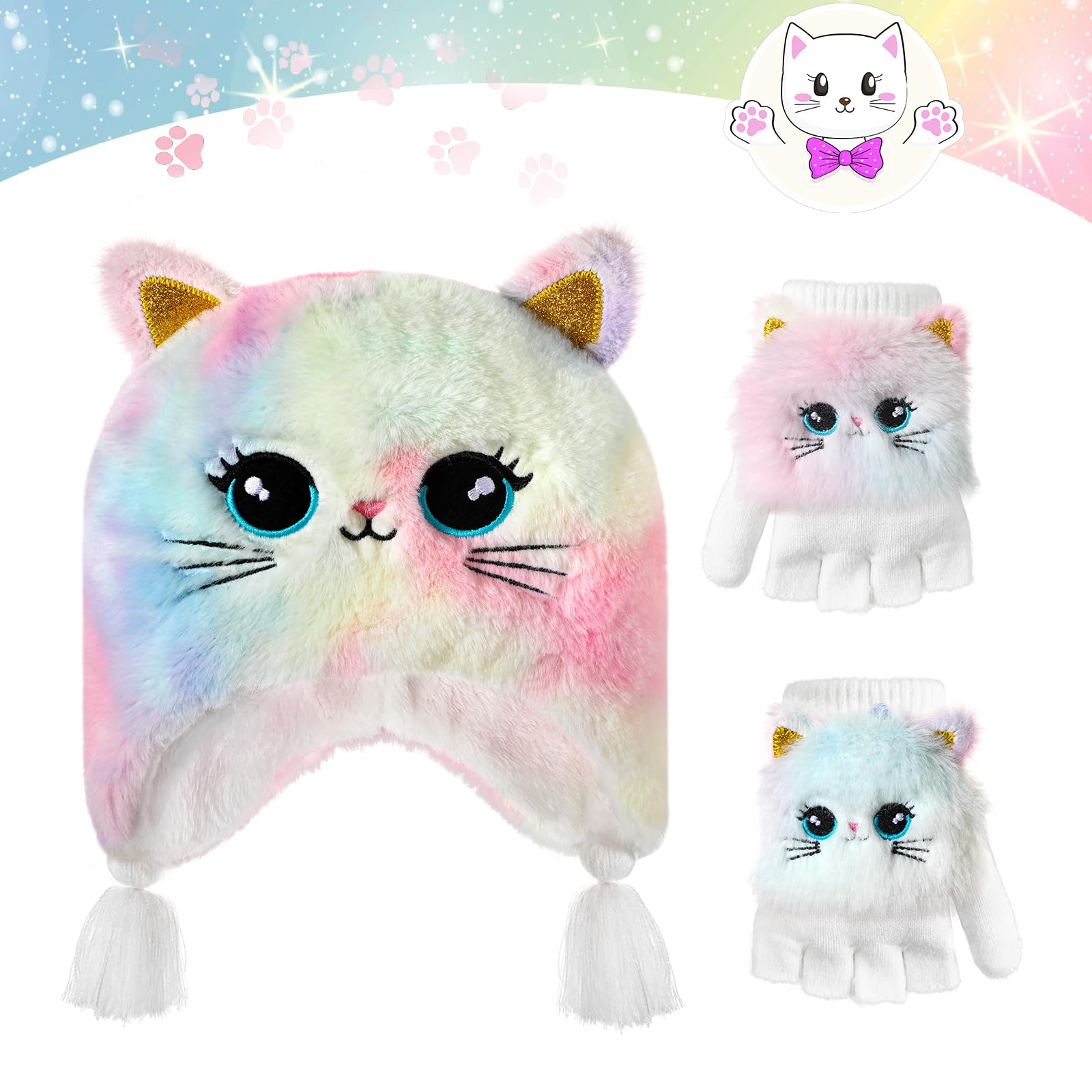 Chat Ensemble Bonnet et Gants Fille, 3PCS Bonnet Chat et Mitaine Enfant Filles de 3 à 10 ans, Bonnet Enfant Hiver Fille et Gants, Ensemble et Mitaines Bonnet Oreille de Chat Accessoires Chaud D'hiver