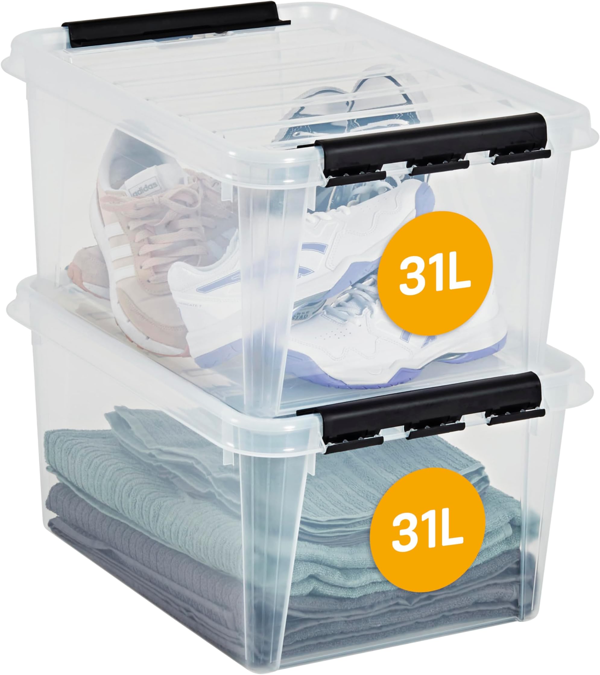 – SmartStore 31L Clear Plastic Large Storage Boxes With Lid, 2 Pack, Reinforced, 10 Year Guarantee, Food Safe, Clip Locked, Stackable and Nestable, BPA Free L50 x W39 x H26 cm
