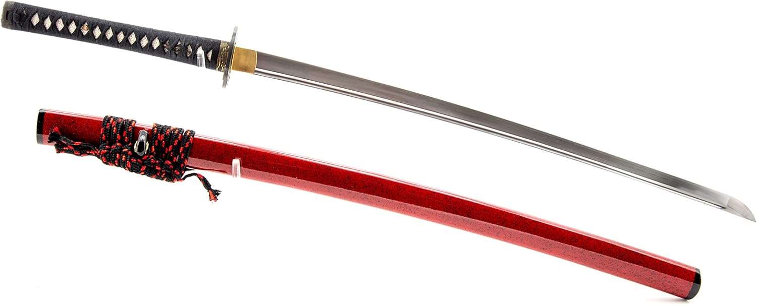 Handmade Sword - Battal Ready Samurai Katana Sword, Fully Hand Forged, 1045 Carbon Steel, Clay Tempered, Full Tang, Sharp, Red Scabbard with Black Dots, Certificate