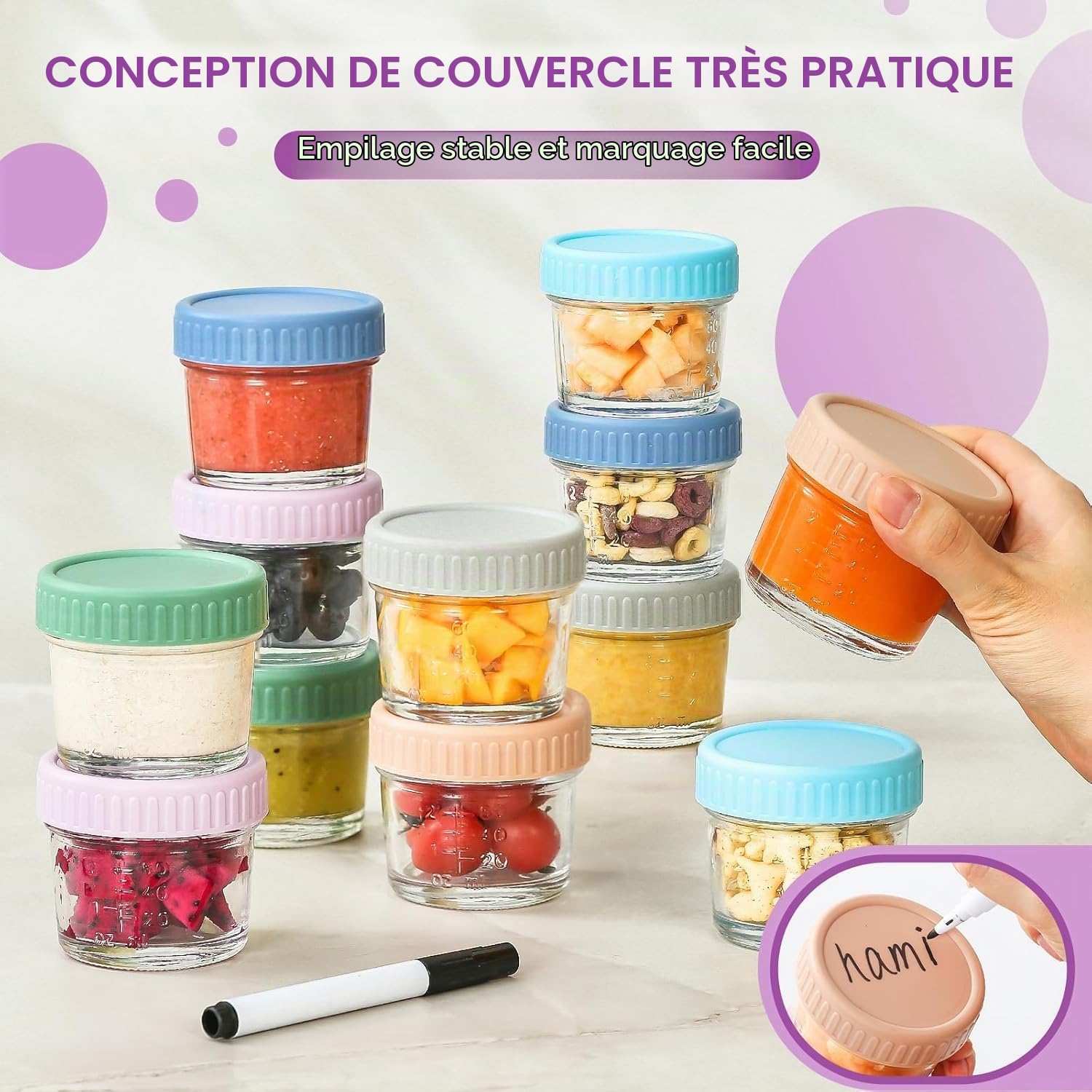 LATERN 12 Pièces Récipients en Verre pour Bébé Aliments, 120ml /4oz Pot Sans BPA 100% Étanche Récipient Réutilisable avec Couvercle et Marqueur, Compatible Micro-Ondes, Lave-Vaisselle Et Congélateur
