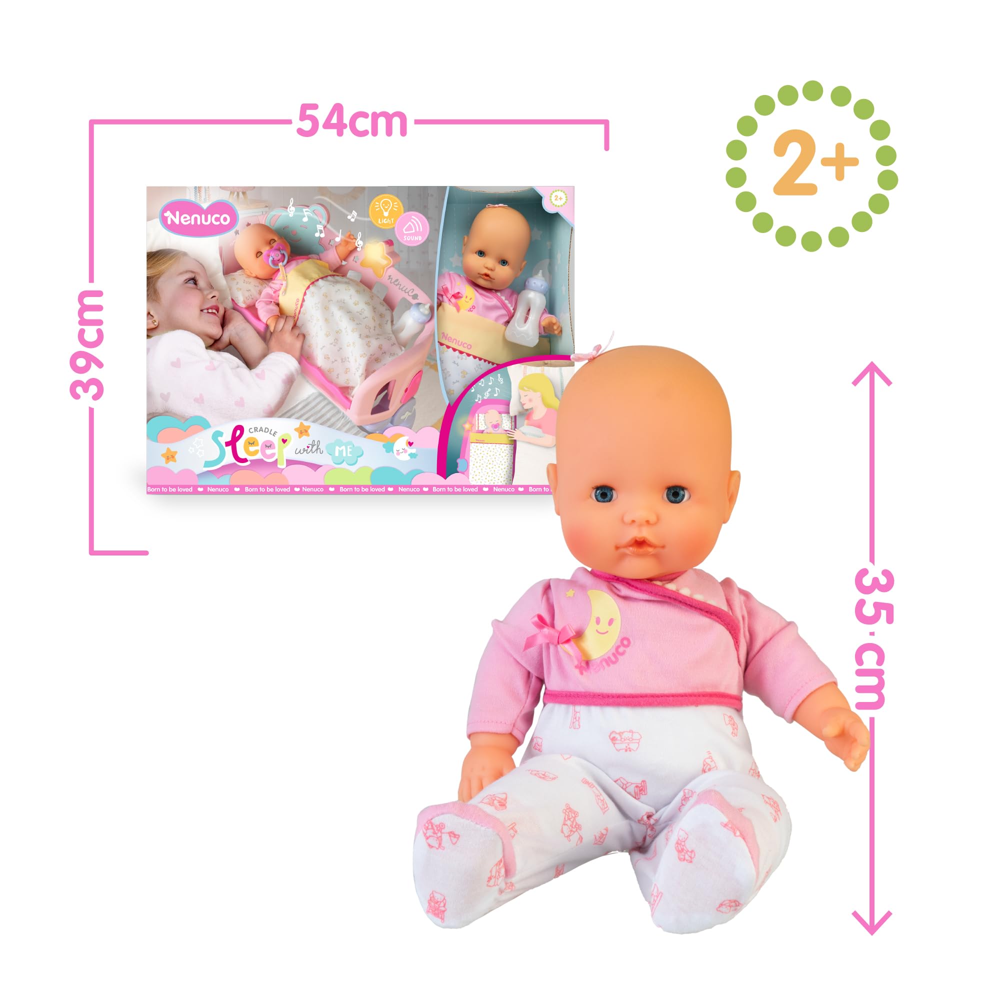 Nenuco - Dormi con me, culla 3 in 1 con bambola da 35 cm e corpo morbido, include ciuccio, biberon, copertina e stella con luci e suoni, si adatta a qualsiasi letto, +2 anni, Famosa (NFND1000)