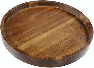 Acacia Wood Round Serving Tray, 13.8" Charcuterie Board with Rim, Decorative Centerpiece for Ottoman, Coffee Table, Couch, Kitchen Island, Round Serving Platter, 1 Pack