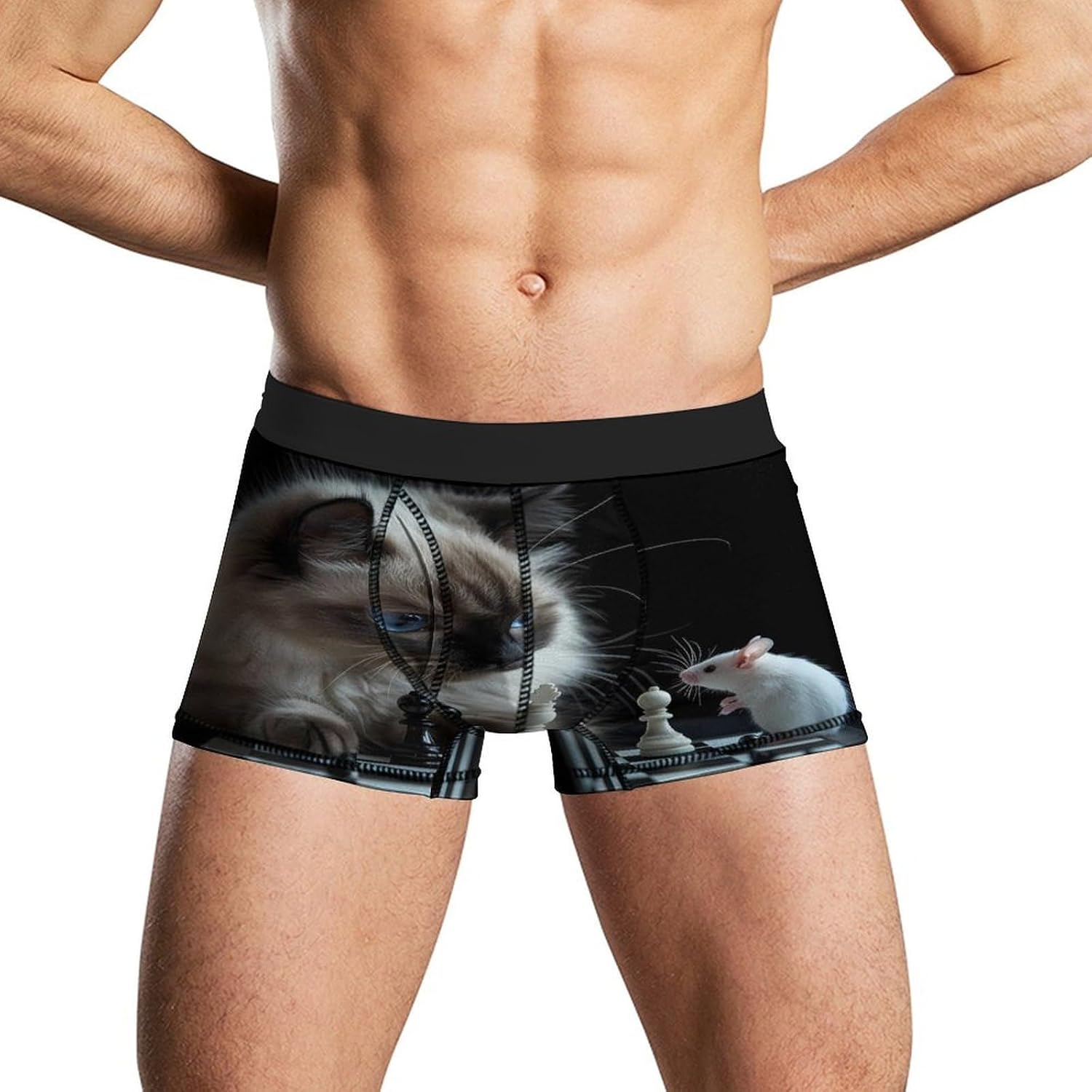 Cute Cat And Rat Playing Chess Mens Boxer Briefs Breathable Underwear Trunks Short Pants