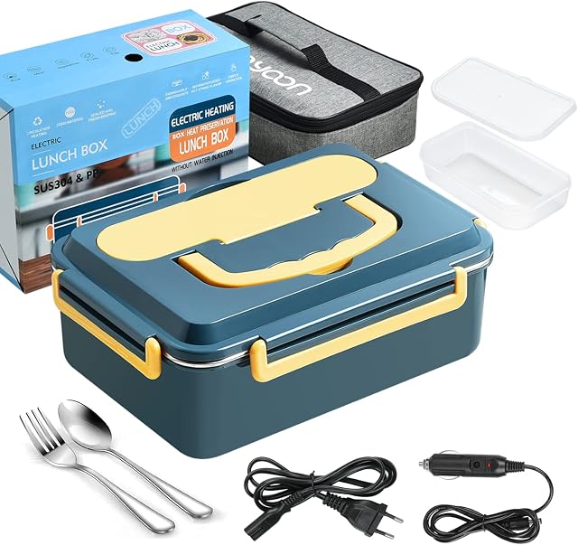 aceyoon Electric Lunch Box with Lunch Bag 3 in 1 60W Portable Food Warmer 1.8L Removable Food-Grade Stainless Steel Container with Spoon Fork 110V&12V/24V Heated Lunch Box for Car/Home/Office/School
