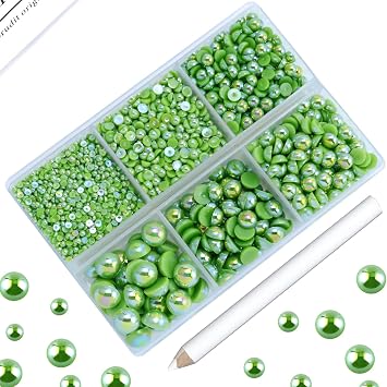 3600PCS Half Pearls for Crafts, Dark Green Flatback Pearls forTumblers Crocs Cups Scrapbooking, 2mm 3mm 4mm 5mm 6mm 8mm Faux Half Pearls, Imitation Loose Pearl Beads