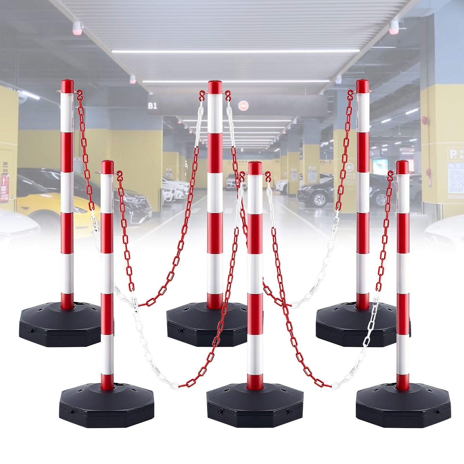 6er-Set Absperrpfosten mit Sockel, including 5x2.5m Chains & 20xS Buckles, Absperrpfosten Herausnehmbar für Parkplatz, Garage, Auffahrt