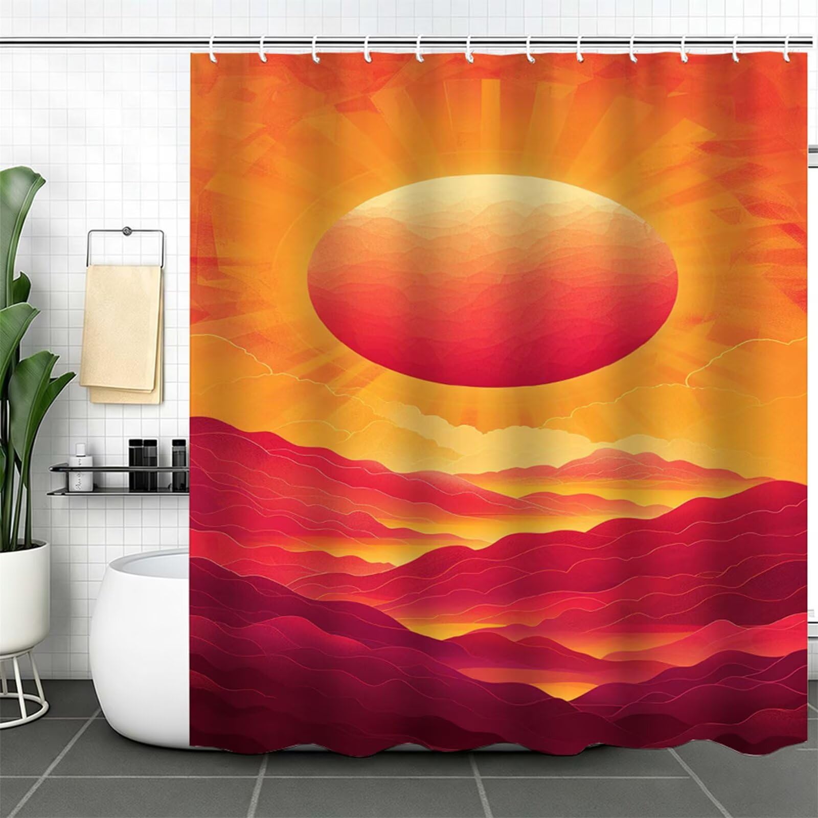 Rot Duschvorhang 200x250cm,Duschvorhänge Sonnenuntergang,Bedruckt mit Kunststoffhaken,Badezimmerdekor Vorhang,Wasserdicht Shower Curtains,für Badezimmer,Badewanne,Schlafsaal,Hotel Dekorieren J-354
