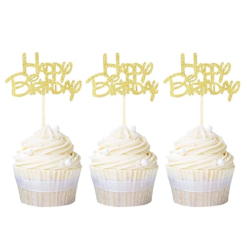 Ercadio Paquete de 24 adornos dorados con purpurina para cupcakes de cumpleaños para niños, fiesta de cumpleaños, celebración, decoración de tartas