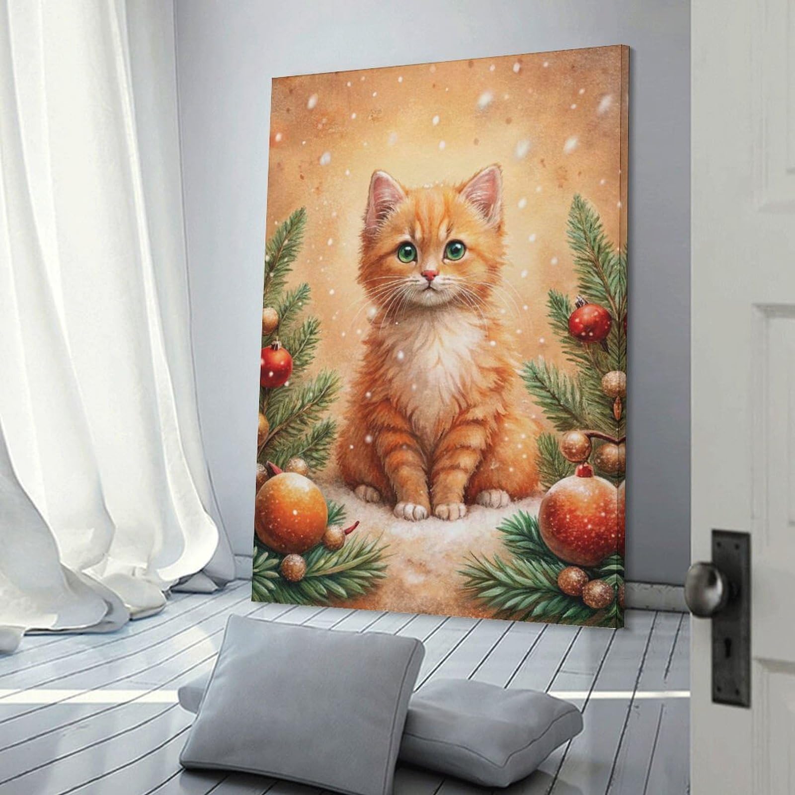 Junmoney Room Decor Wall Art Ginger Kitten Christmas Portrait, 24x36inch(60x90cm), for Wall Displays, Bedrooms Or Room Updates, An Easy Match for Collected Prints