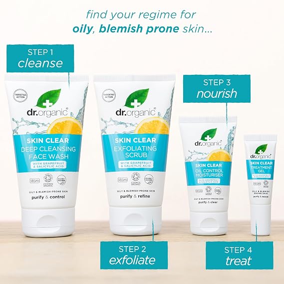Dr Organic - Skin Clear Edit Bundle - Women's & Men's Skincare - For Oily Blemish-Prone Skin - Vegan, Cruelty, Paraben & SLS Free - 125ml, 150ml, 50ml & 10ml - Bundle