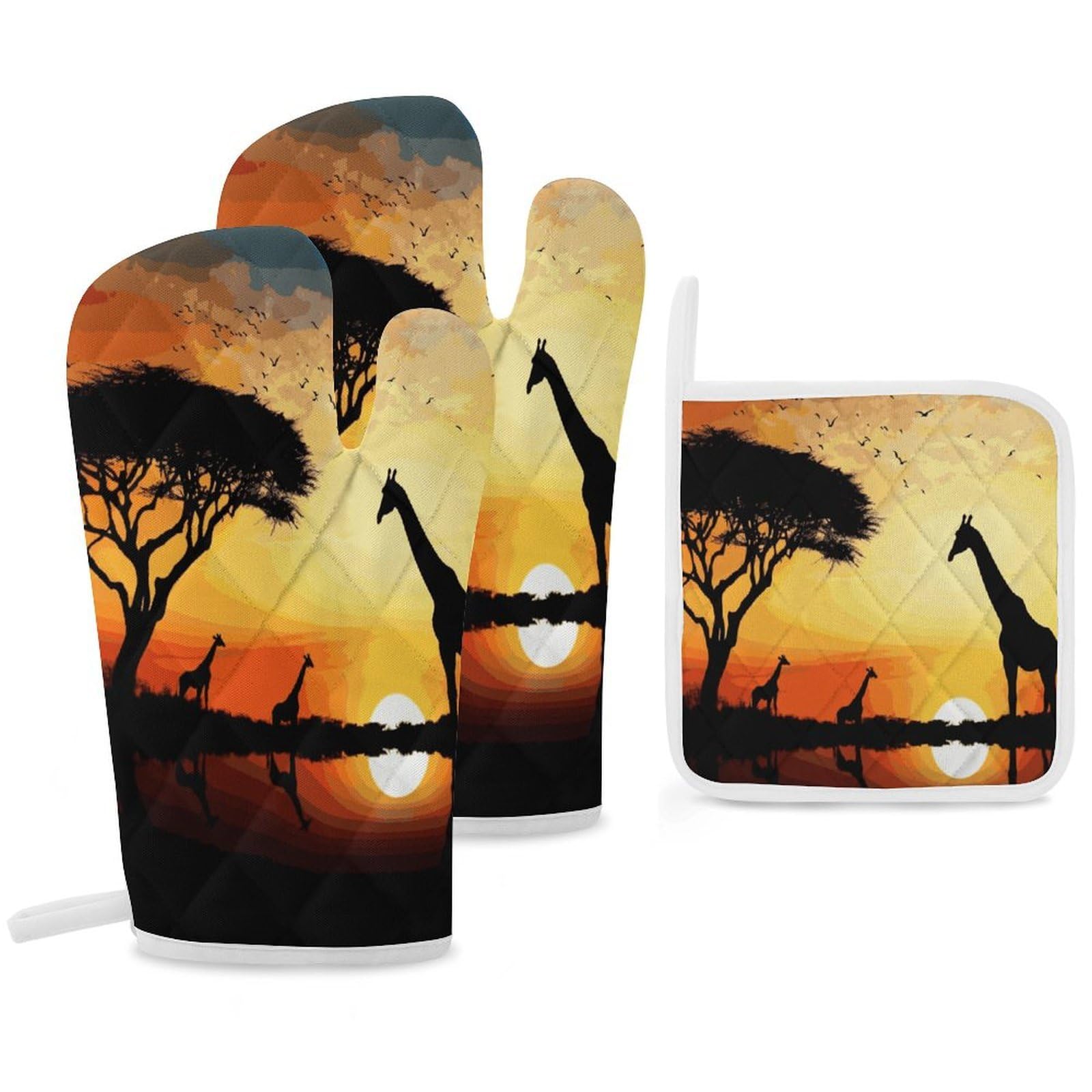 Fekiloot Style Giraffe Sunset Oven Mitts Funny Heat Resistant,Oven Glove With Hanging Loop,Resistant Hot Pads For Kitchen Baking Grilling Cooking