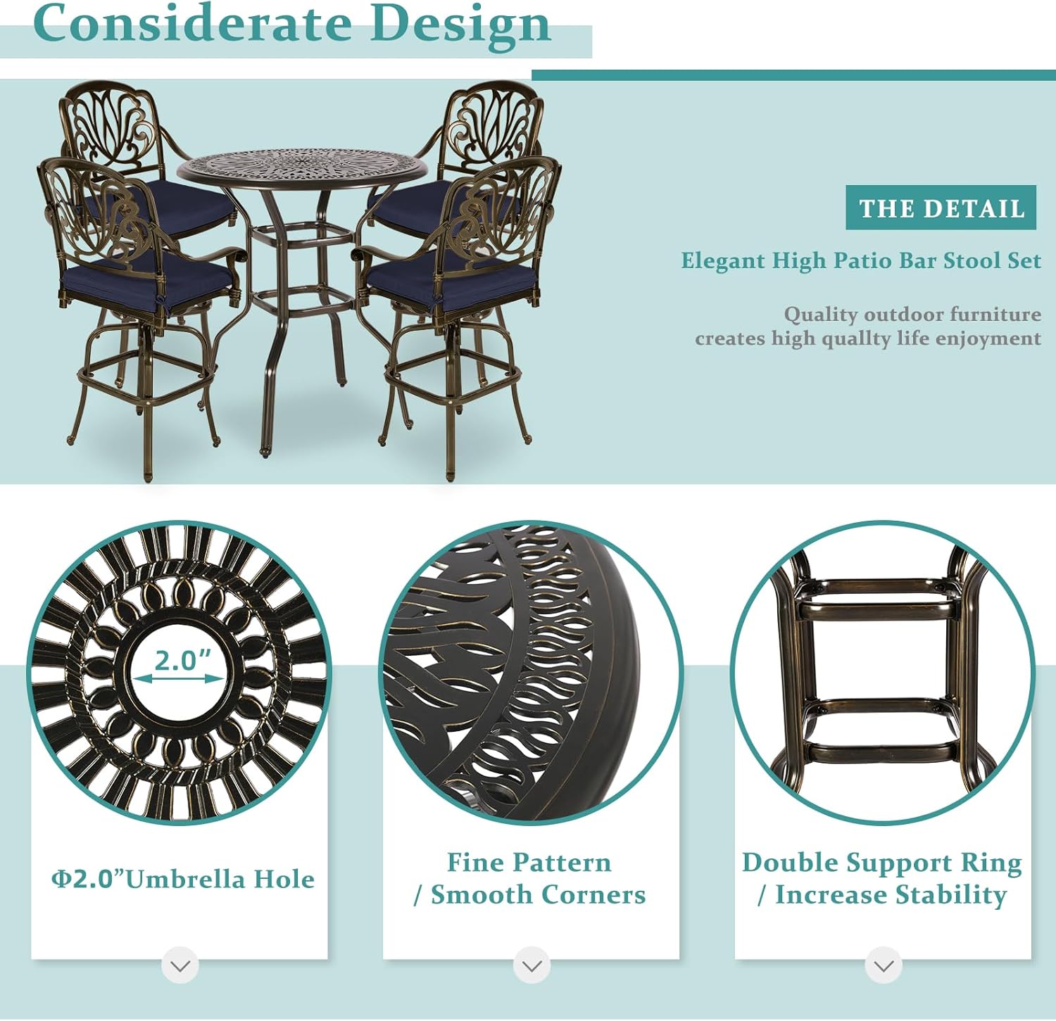 MEETWARM 5-Piece Patio Swivel Bistro Set, All-Weather Cast Aluminum Outdoor High Stool Set for Backyard Garden with 4 Cushioned Bar Chairs with Footrest and 35.4" Bar Table, 2" Umbrella Hole