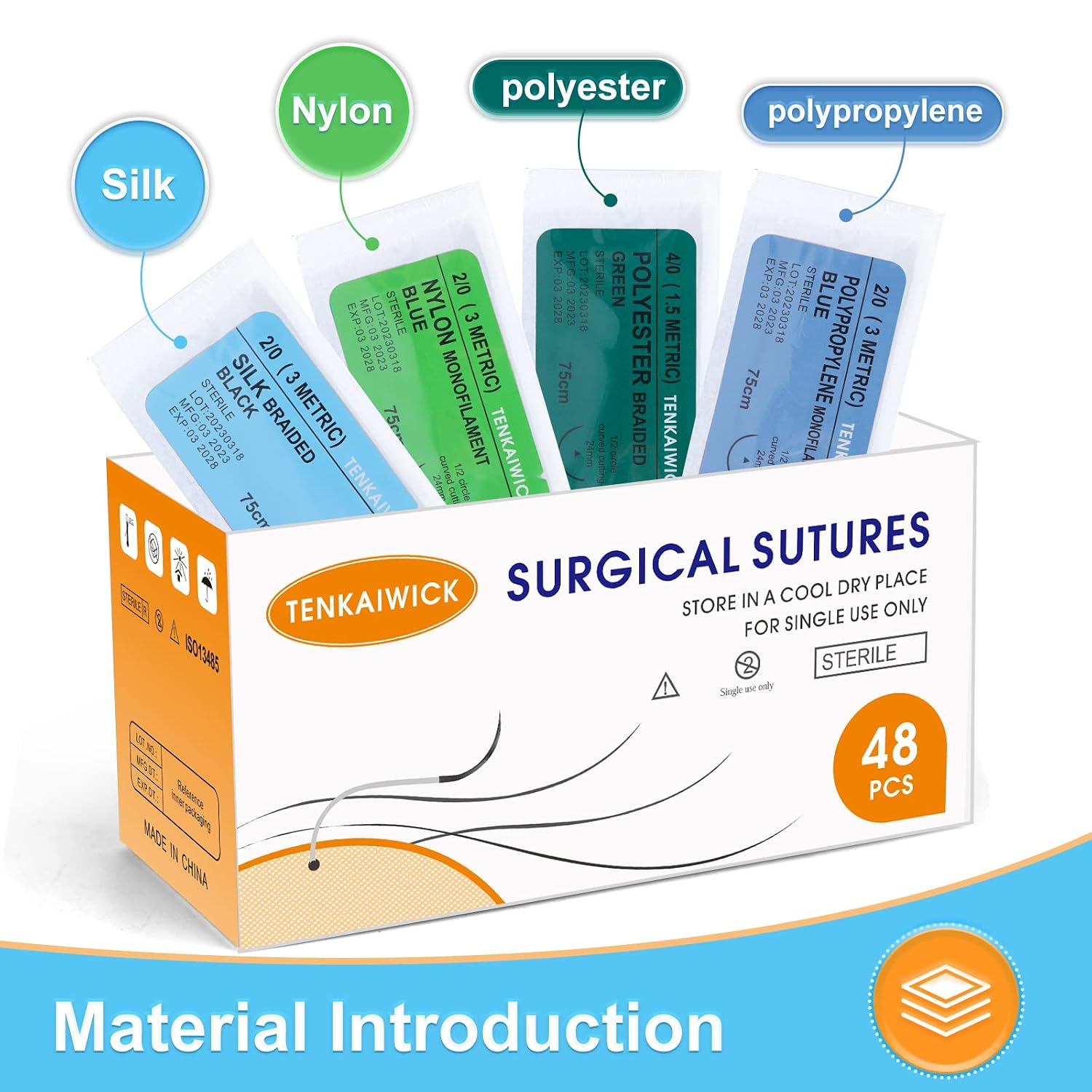 48 Packs Sutures Thread with Needle,Mixed Sutures, Training Threads (Non-Absorbable: Nylon, Polyester, Polypropylene,Silk,4 Material) for Practicing Suturing can be Used for Suture Pads, Fruit peels