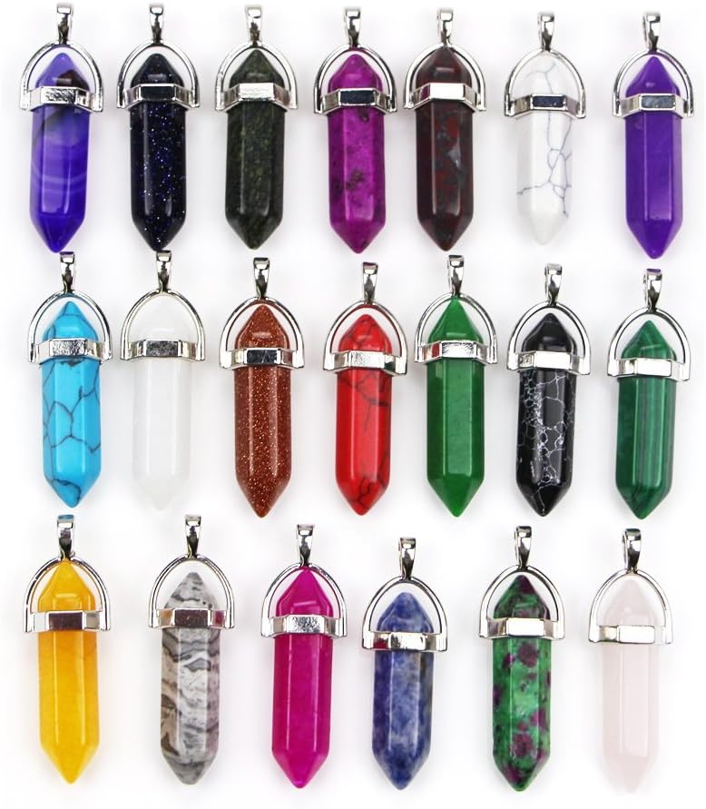 Bullet Gemstone Pendant Hexagonal Chakra Crystal Pointed Quartz Pendants,Pendants for Necklace Jewelry Making, 20 Colors