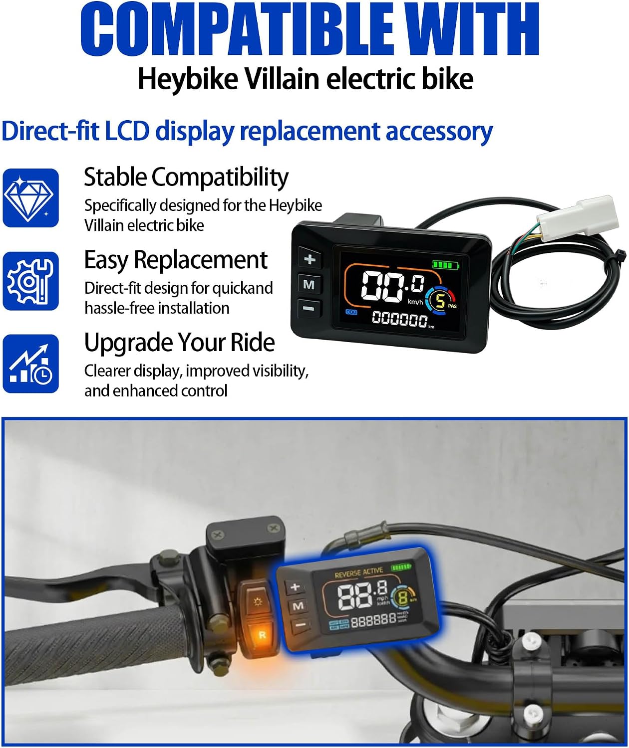 Replacement LCD Display Screen Component Compatible with Heybike Villain Electric Dirt Bike, 52V Waterproof E-Bike Dashboard Speedometer Control Panel Part