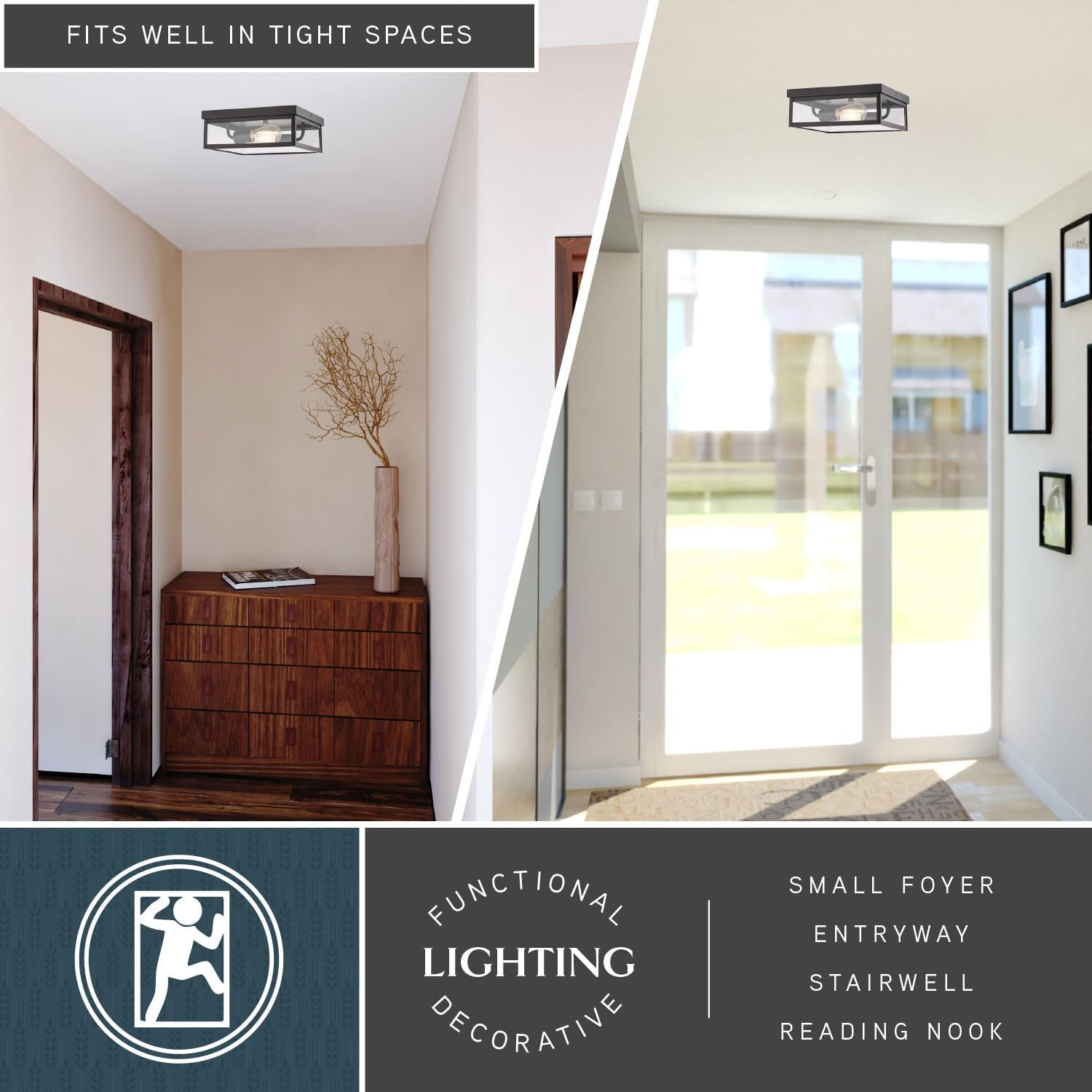 VAXCEL Clinton 12 in. W 2-Light Matte Black Transitional Outdoor Flush Mount Ceiling Light with Clear Glass Shade, LED Compatible, Made of Durable Steel for Exterior Porch Patio Front Door or Garage