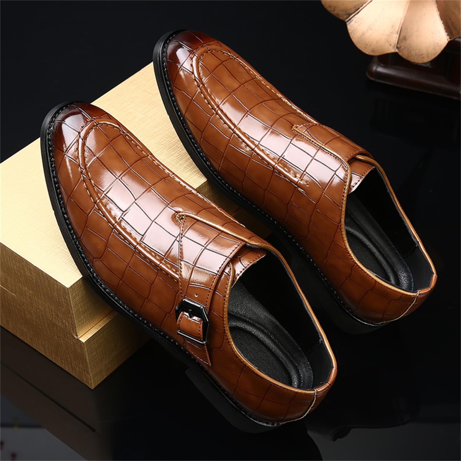 Zapatos Formales Monje De Hombre con Hebilla De Cuero Patentado Mocasines De Vestir Sin Cordones para Trabajo De Negocios
