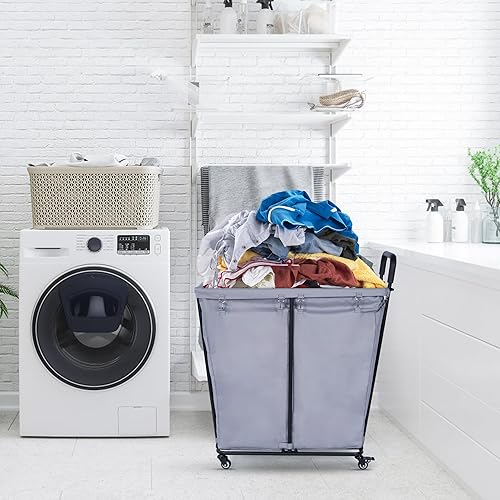 Miniatura 2 de Cesta clasificadora de lavandería de 2 secciones de 280 L con ruedas, cesta organizadora de lavandería con marco de acero resistente y bolsa