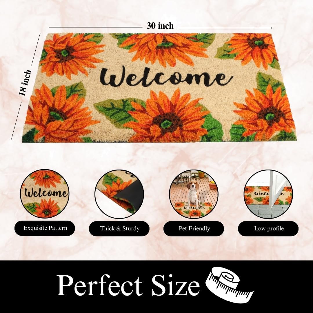 A1HC Natural Coco Coir Door Mat Orange Sunflower Doormat with Heavy Duty Non-Slip PVC Backing - 18" x 30" - Easy to Clean, Welcome Mat for Home, Low-Profile Durable Doormat