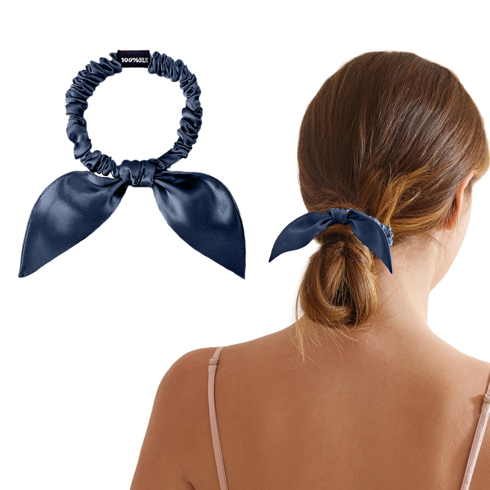 THXSILK Hair Silk Scrunchies with Bow for Women Pure Mulberry Silk Hair Cute Ring Ties Scrunchies for Girls Women's Thick Hair, Navy Blue, 2.8"
