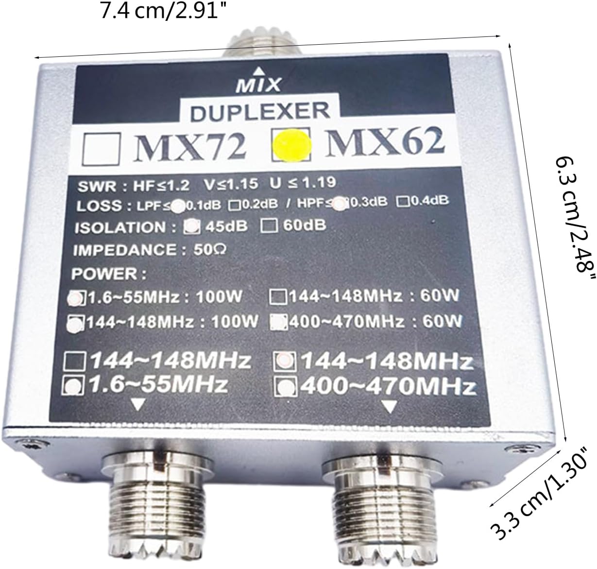 Grotera MX62 Duplexer with dimensions labeled
