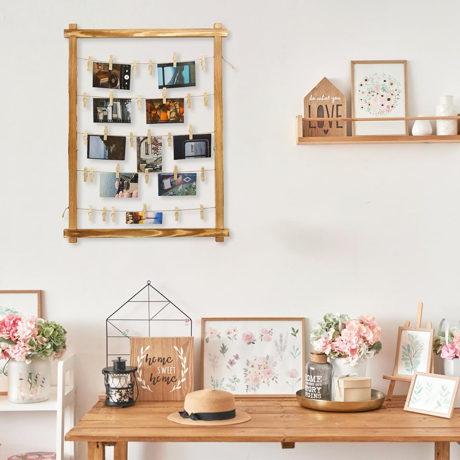 Freestanding Photo Display Board with Clips, Stable Tabletop Picture Frame Stand Holds 30+ Photos, Graduation Centerpiece Decorations 2026, Wooden Board for Photos, Artworks (Carbonized)