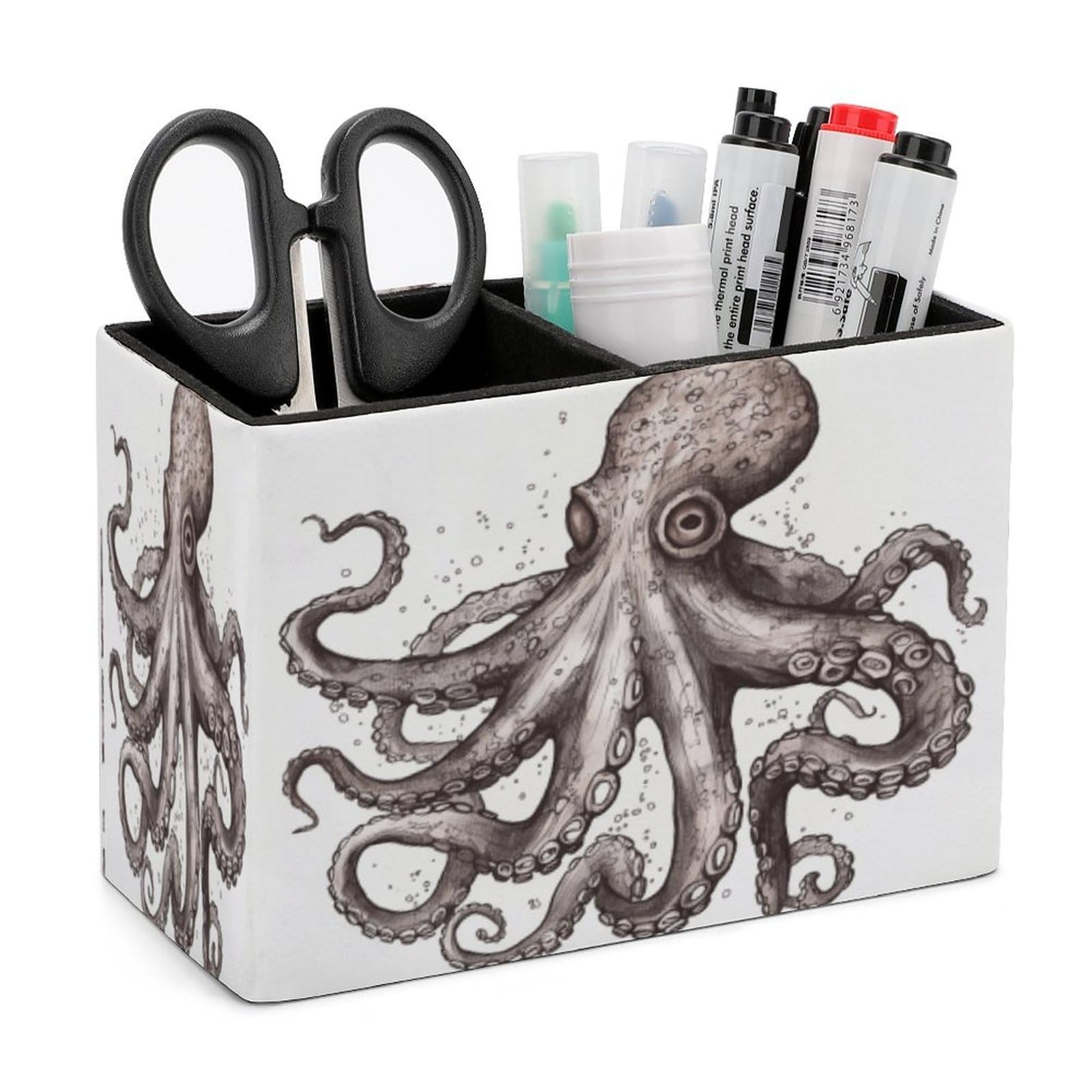 LZQPOEAS Octopus Leather Pen Holder Square Pencil Holder Multi-Functional Desk Organizer Modern Pen Cup Pencil Cup Minimalist Desktop Stationery Organizer for Desk Office Home