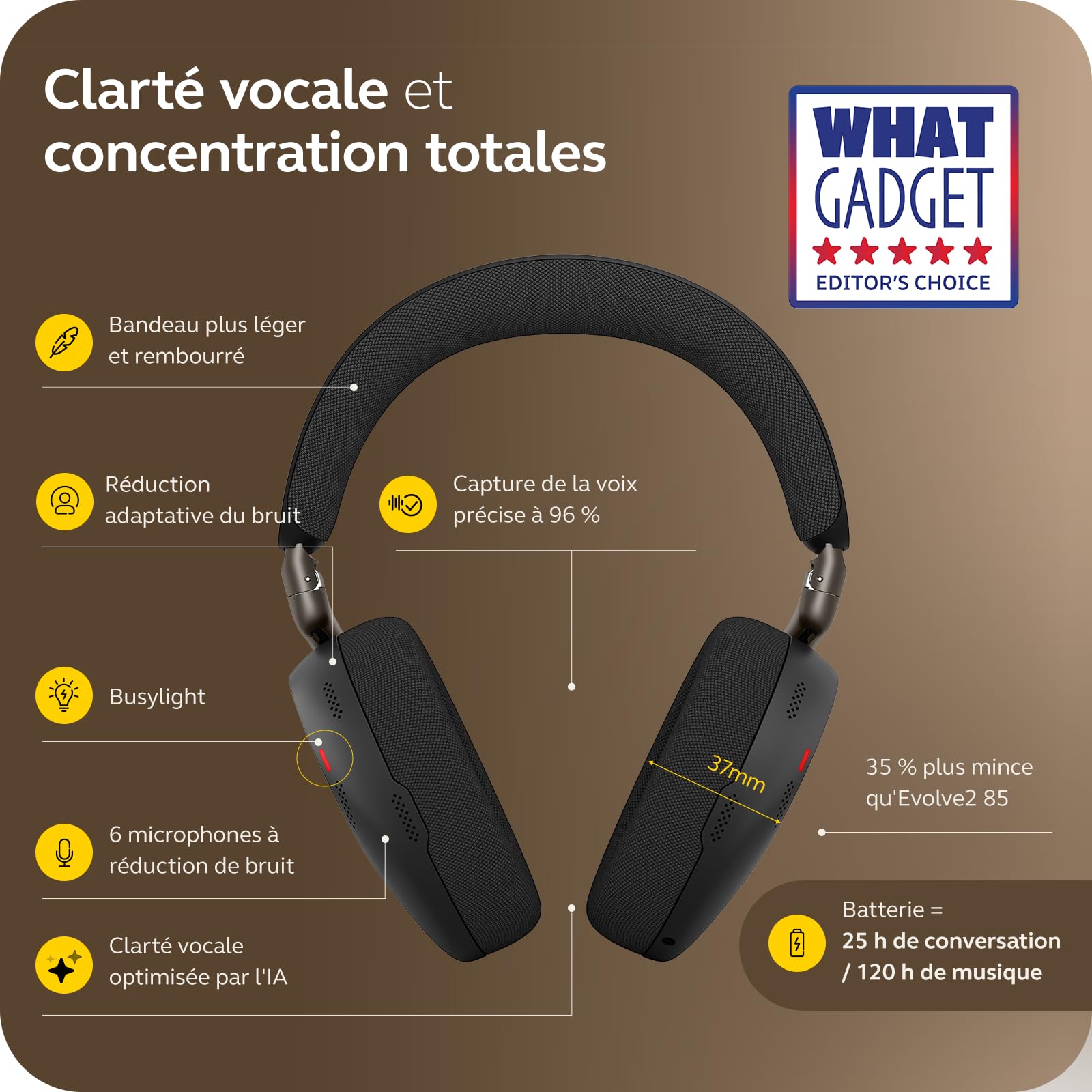 Jabra Evolve3 85 Casque Over-Ear Bluetooth sans Fil avec Micro et Station de Charge pour Travail, USB-C, IA Appel Vocal, ANC Adaptative, 25h, Compatible Applications de réunion, Noir